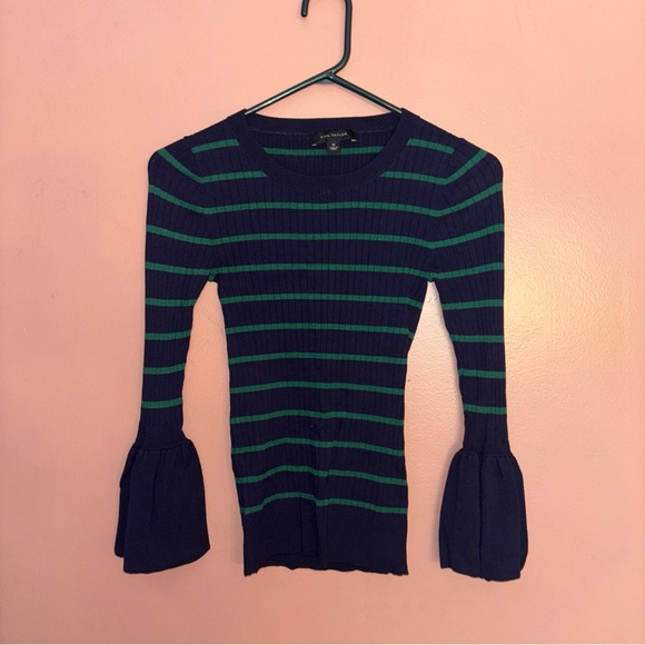 Ann Taylor Sweaters - Ann Taylor Navy Blue Green Ribbed Striped Bell Flare Sleeve Sweater Small XS